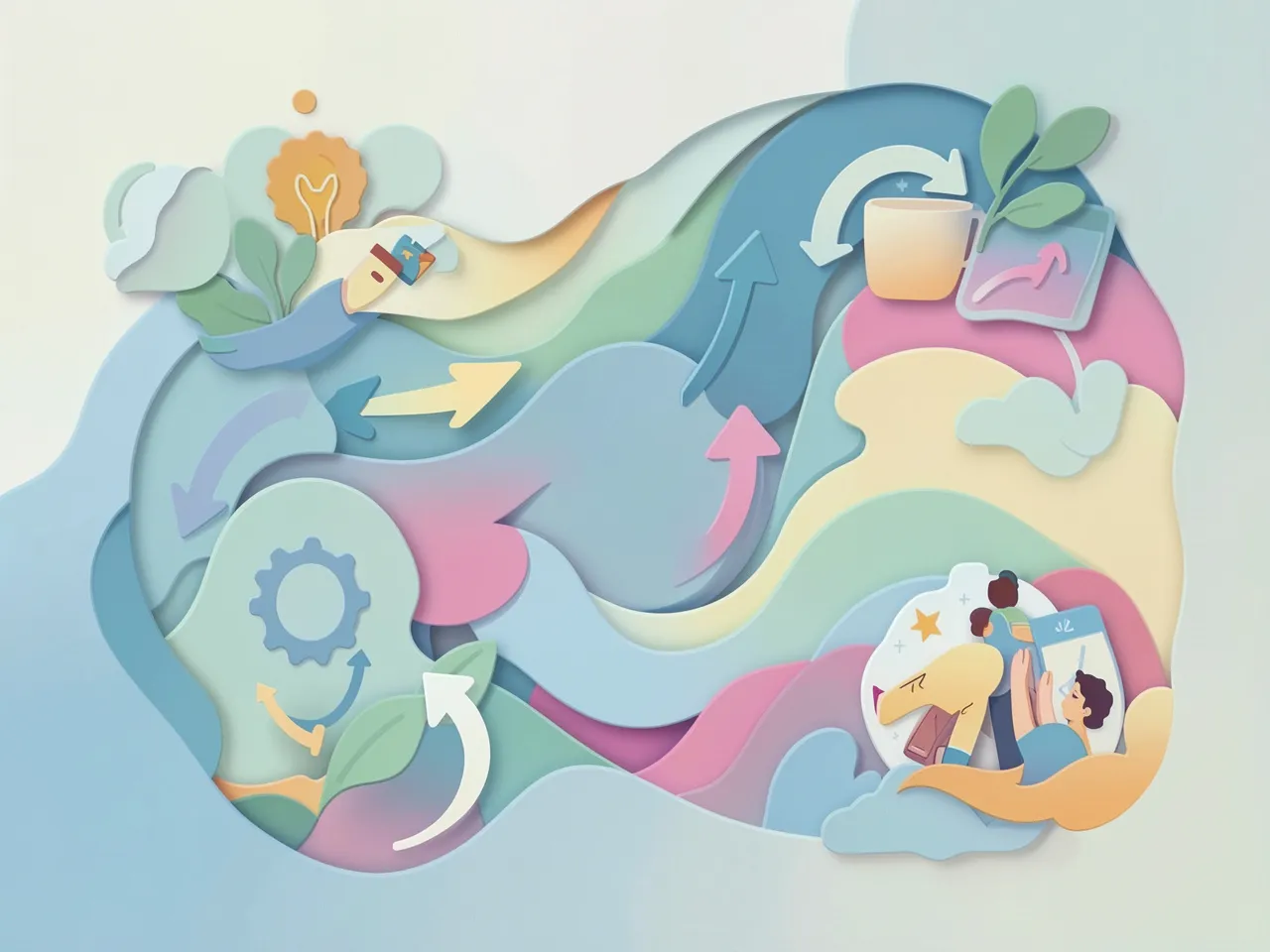 Layered soft shapes illustrating daily movement rhythm and routine balance